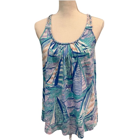 Lilly Pulitzer Aleida Tank Top "Aboat Time" Cotton Modal S Blue Boat Print - Picture 1 of 7
